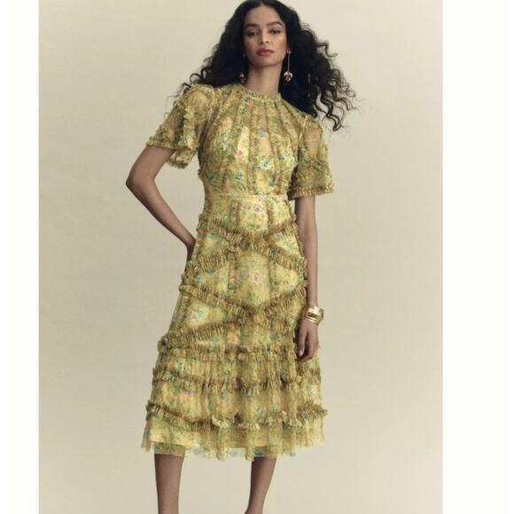 Mac Duggal  Floral Flutter-Sleeve Mesh Print Tea-Length Dress Size 8 NWT - Picture 1 of 11